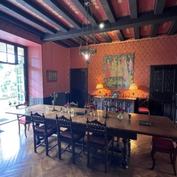 Dinning room with French door, hand painted ceilings and fabric wallpaper